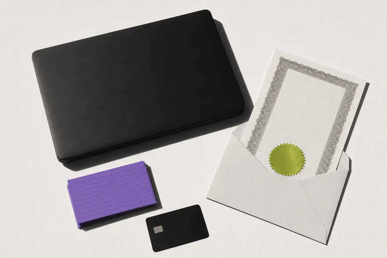 A closed black laptop, a certificate with a foil seal half out of an envelope, a stack of violet index cards and a bank card, photographed from above