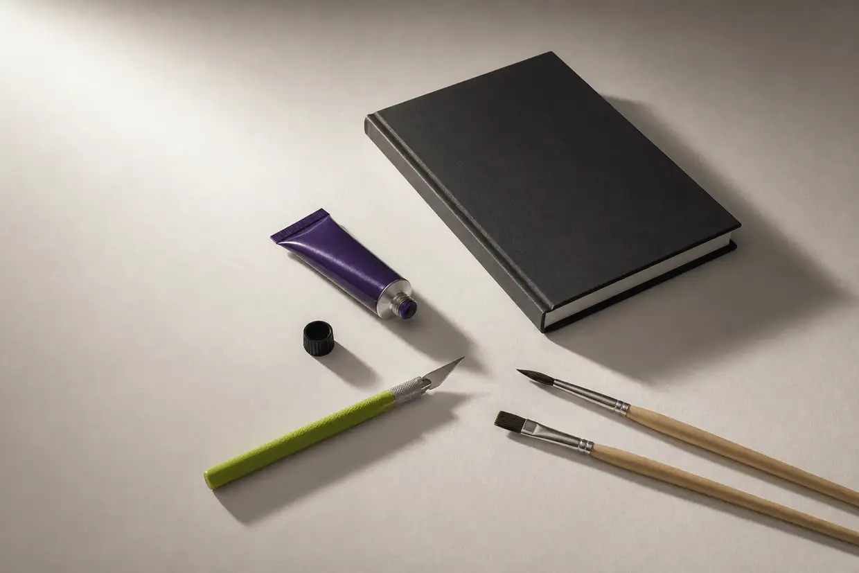 Paintbrushes and a craft knife fanned out with a violet paint tube, a lime paper swatch and a small folded finished piece