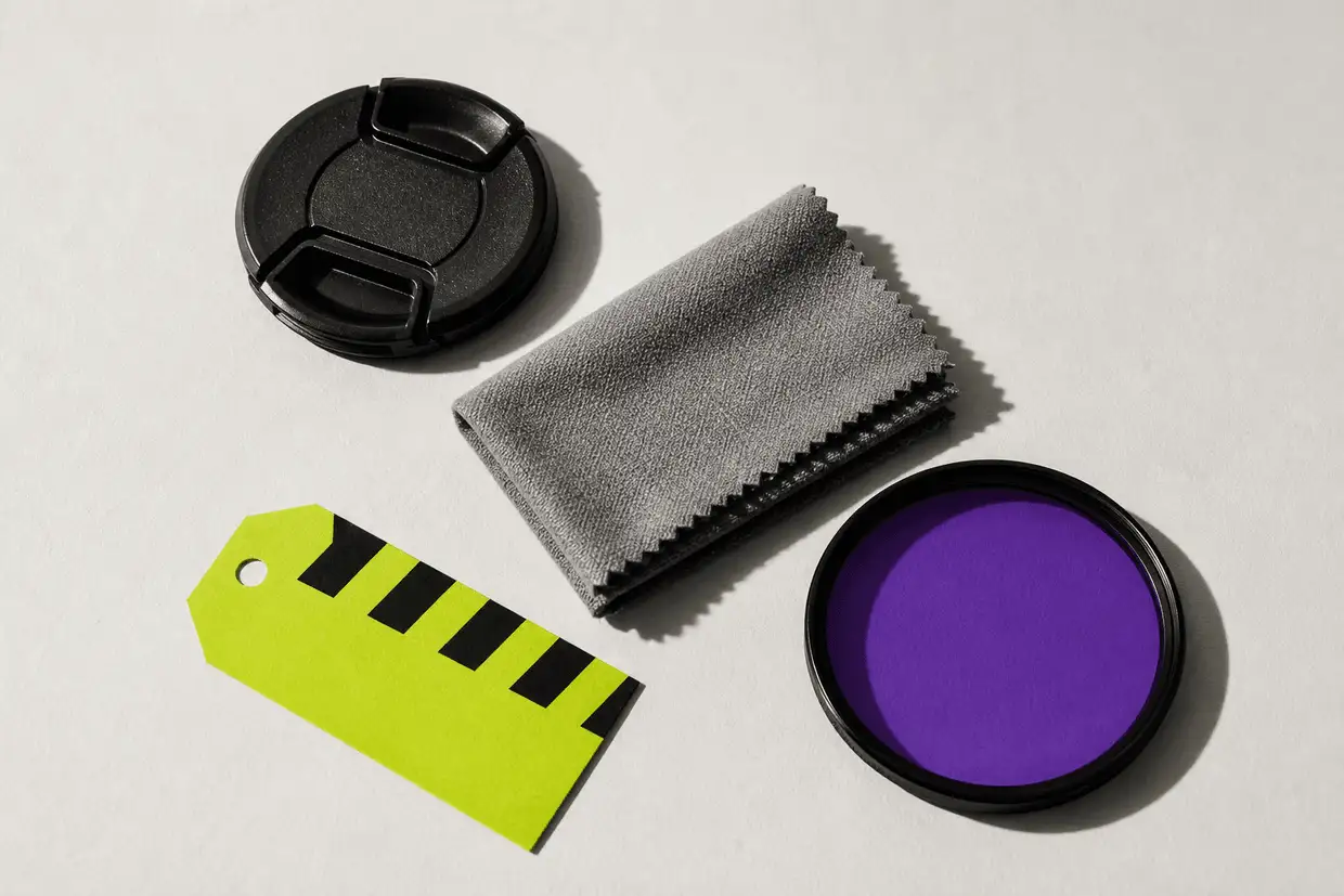 A camera lens cap, a folded gray cloth, a violet filter ring and a lime paper tag in a loose diagonal