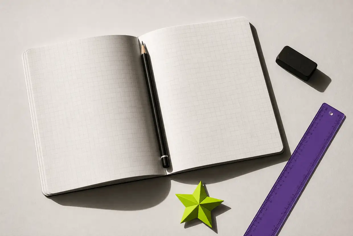 An open blank exercise book with a pencil in the gutter, a black eraser, a violet ruler and a lime paper star