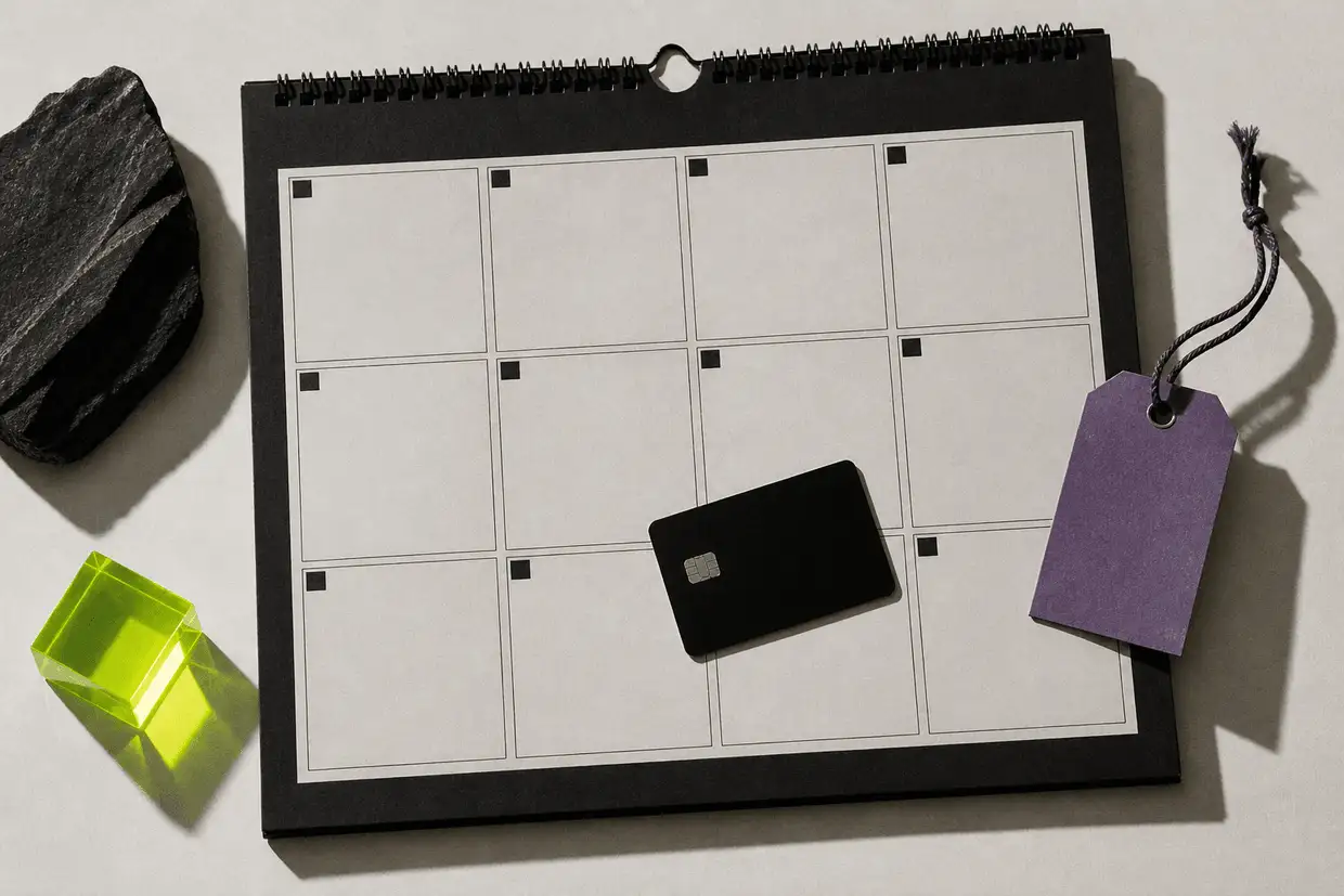 A wall calendar page of blank squares with a single black bank card resting on one square and a violet paper tag tied with string