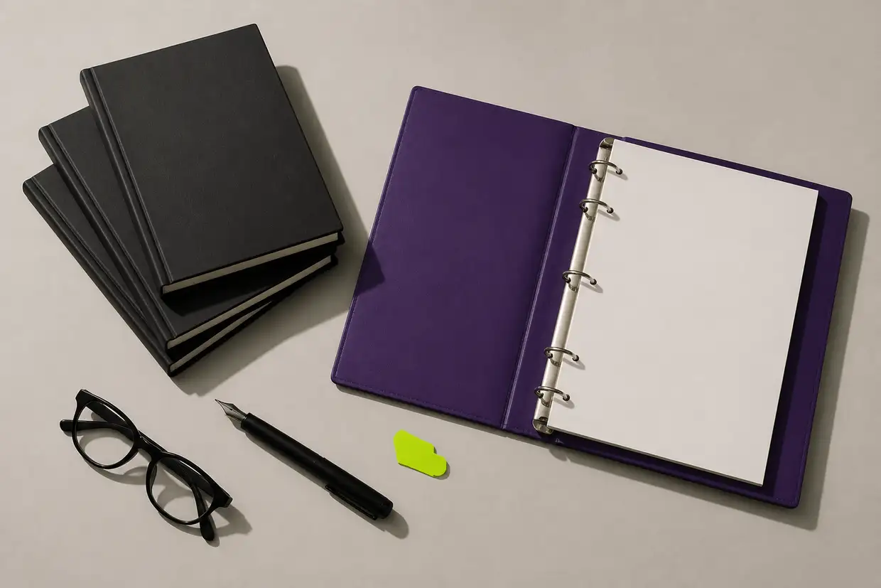 Three closed black hardback notebooks, an open violet ring binder at a blank page, a black fountain pen, reading glasses and a small lime index tab, photographed from above