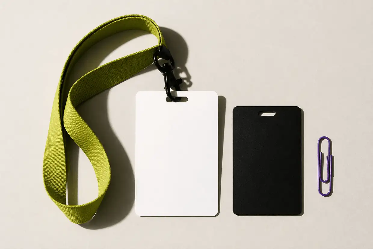 A conference lanyard with a blank badge, a black keycard and a violet paperclip arranged in a row