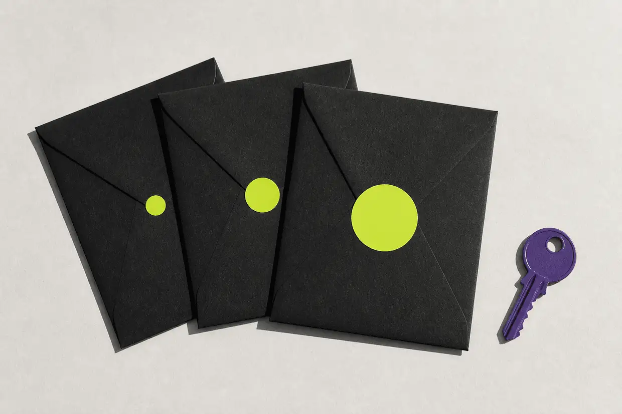 Three identical sealed envelopes fanned in a row, each carrying a different sized lime price sticker, with a violet key beside them