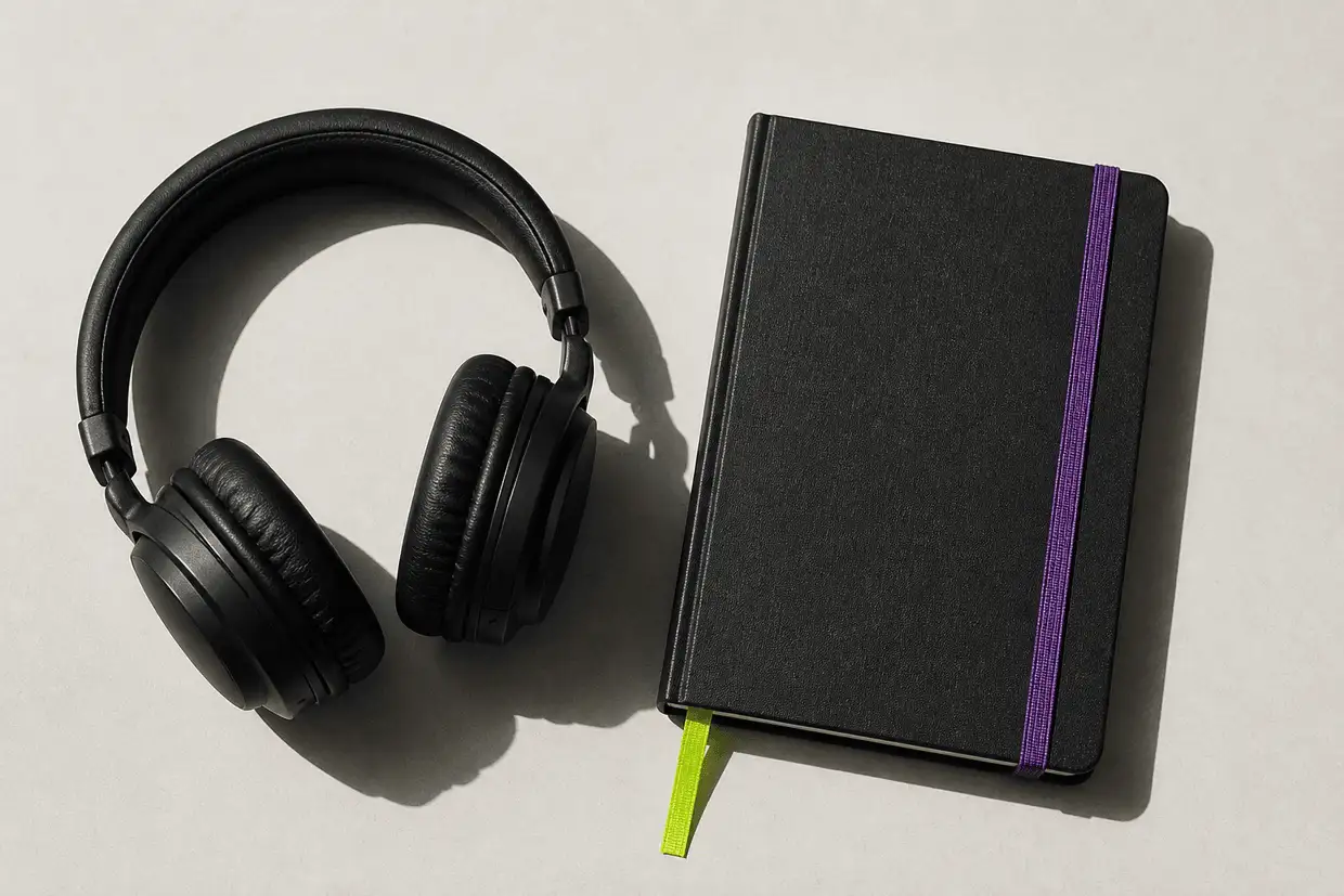 Over-ear headphones lying flat beside a closed hardback notebook with a violet band and a lime bookmark ribbon