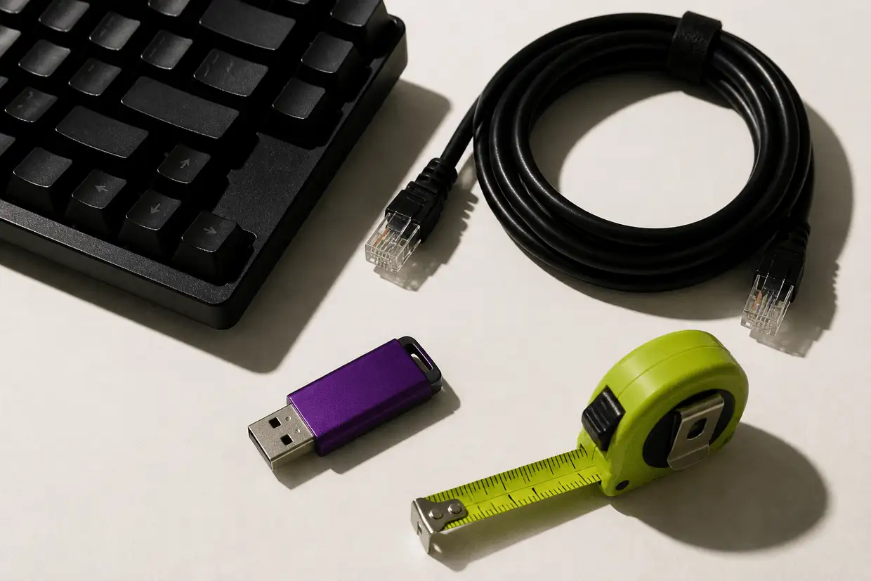 A black mechanical keyboard corner, a coiled network cable, a violet USB stick and a lime measuring tape pulled out slightly