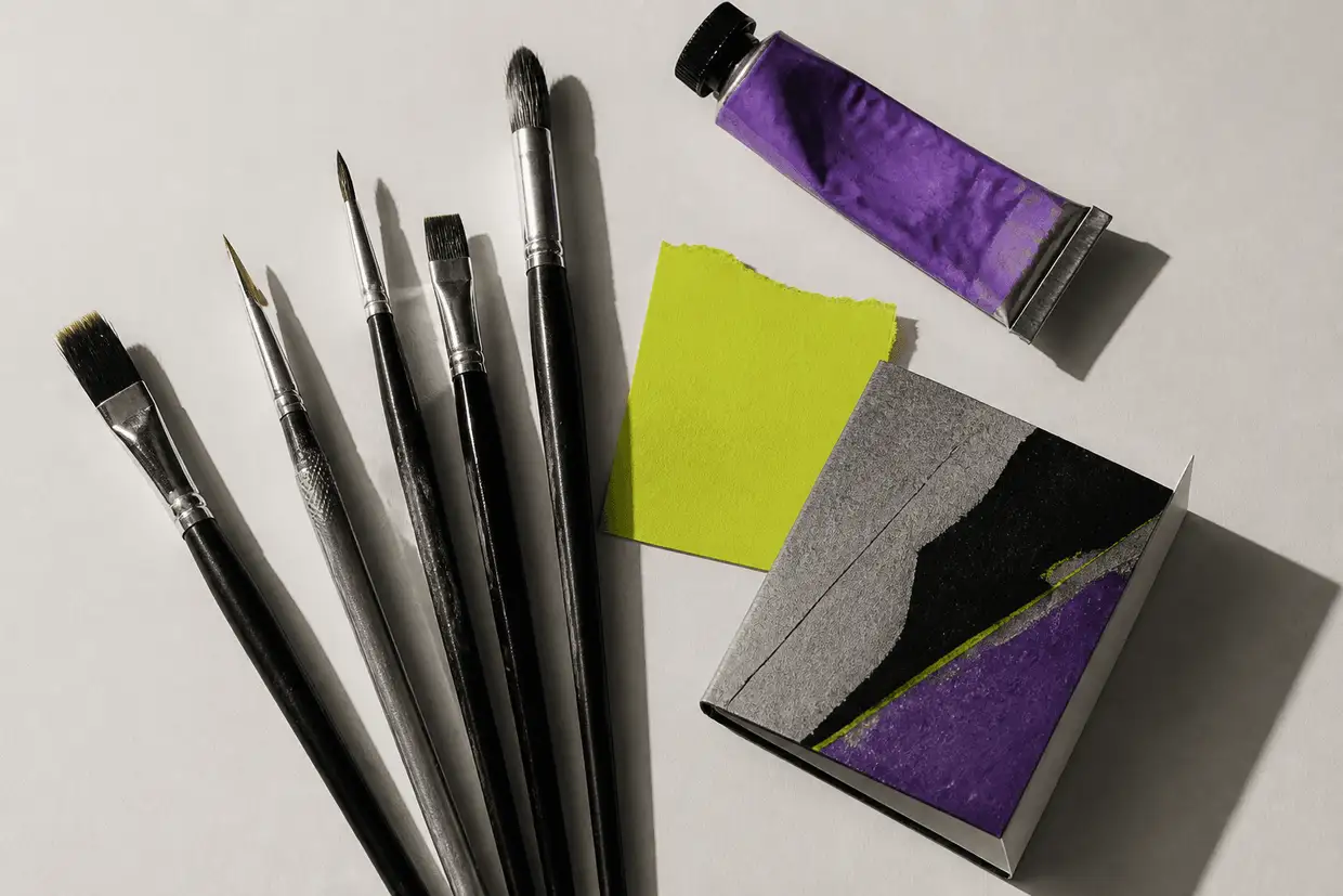 Paintbrushes and a craft knife fanned out with a violet paint tube, a lime paper swatch and a small folded finished piece