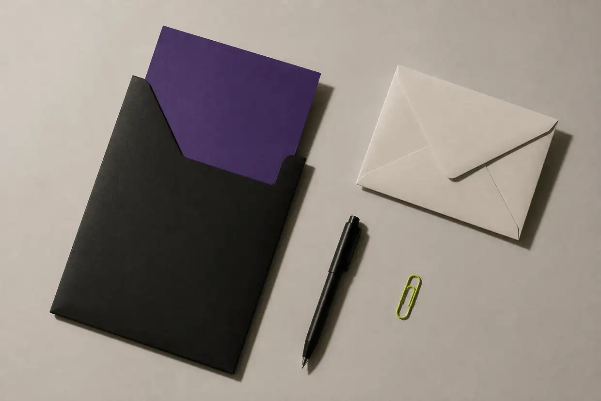 A black document folder with a blank violet sheet half pulled out, a pale unaddressed envelope, a black pen and a lime paperclip, photographed from above
