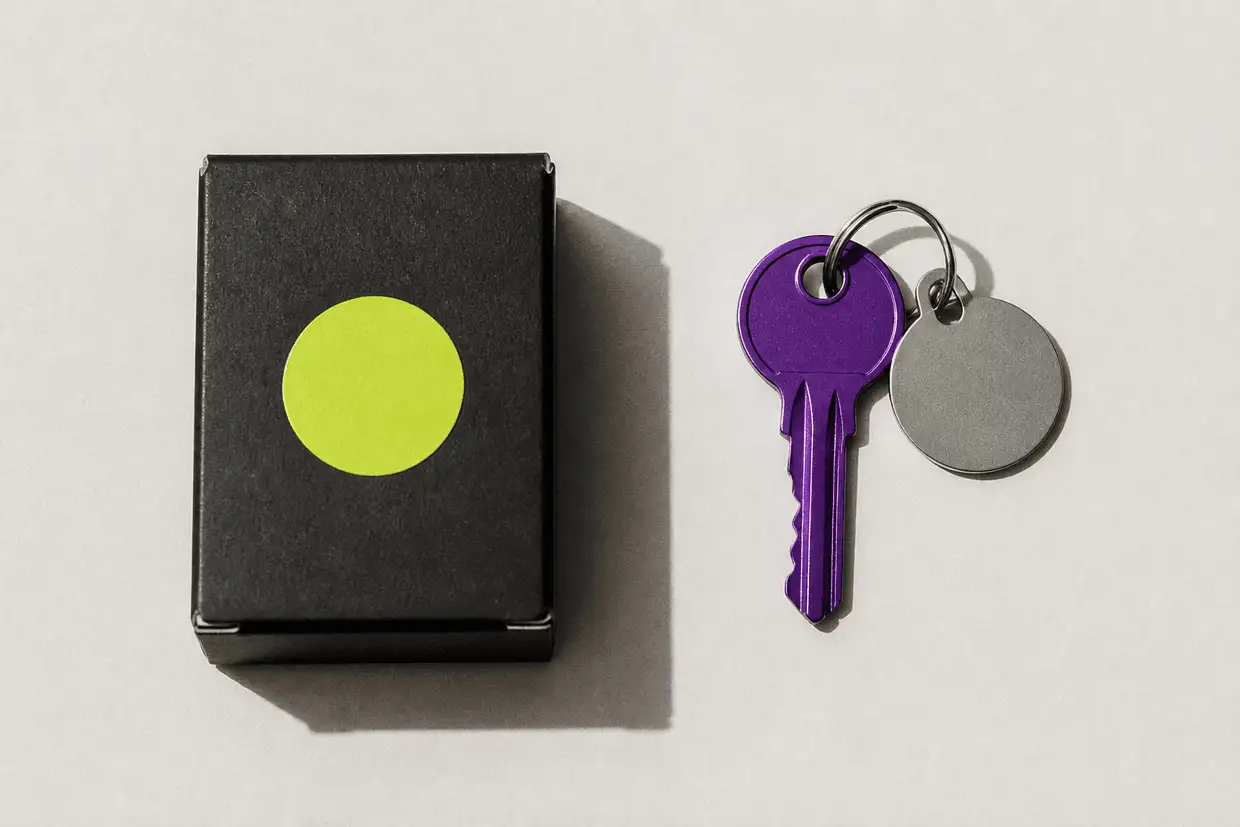 A small black box with a lime sticker on the left and a violet key on a ring with a blank tag on the right, side by side
