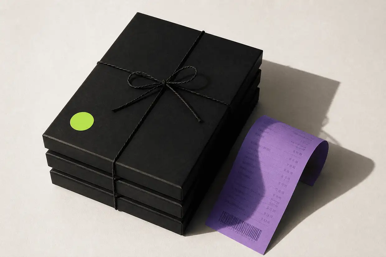 A short stack of plain black boxed sets tied with string, a lime price sticker on the top box and a violet receipt curling beside it