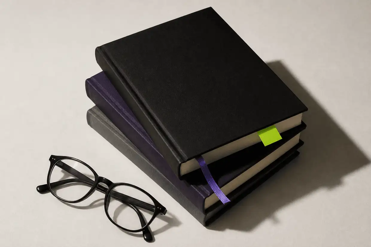 Three plain hardback academic books stacked with reading glasses, a violet ribbon marker and a lime sticky tab
