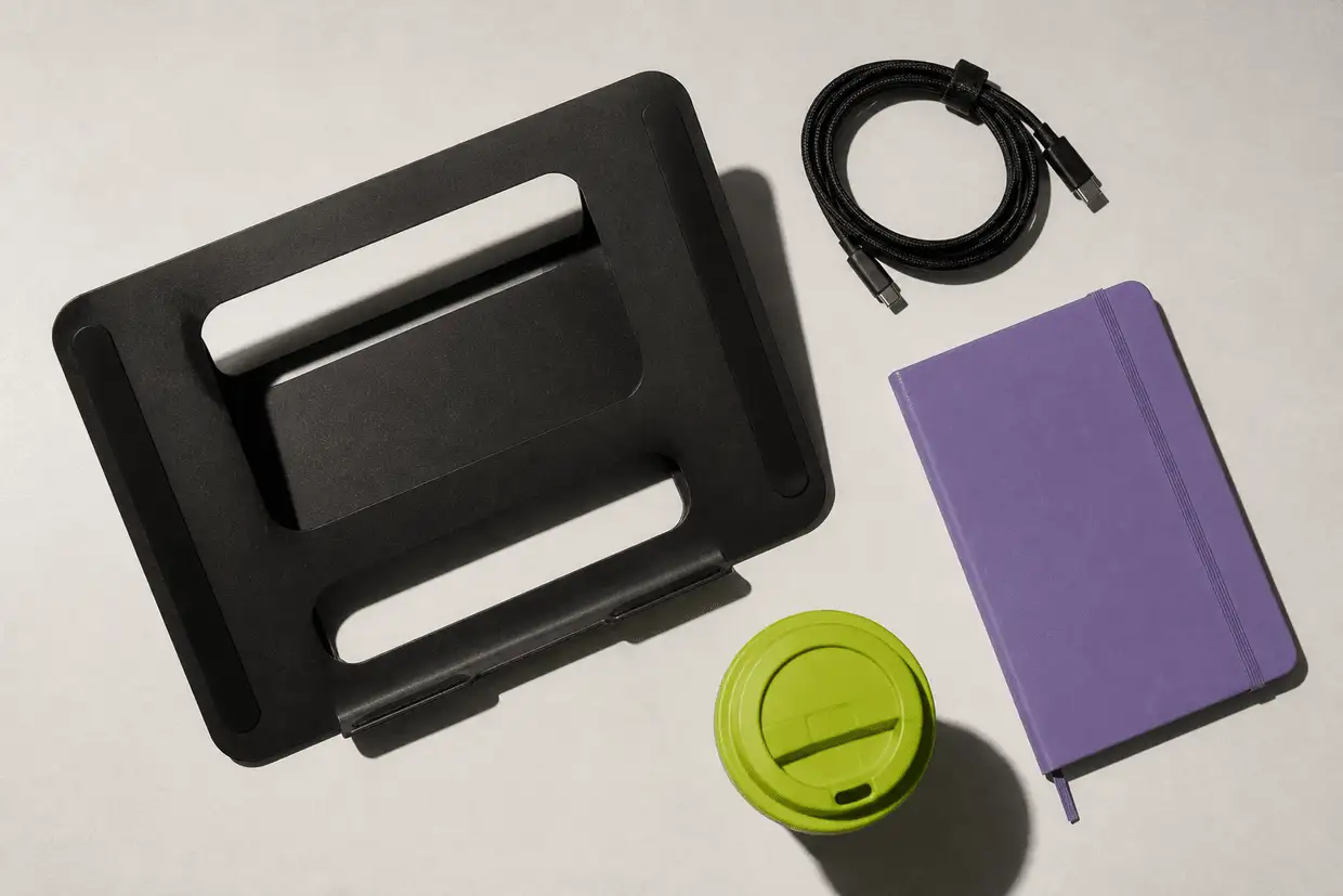 A black mechanical keyboard corner, a coiled network cable, a violet USB stick and a lime measuring tape pulled out slightly
